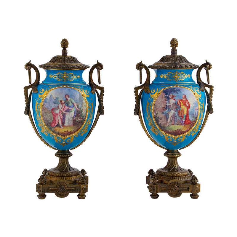 Fine Pair of Sèvres Style Bronze Mounted Jeweled Porcelain Vases & Covers