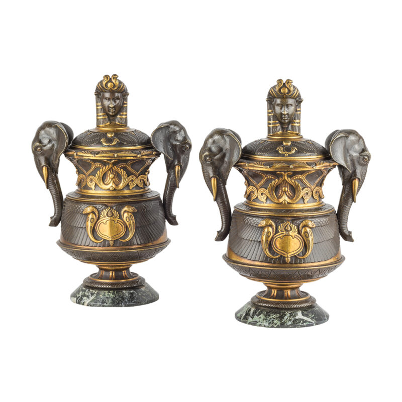 A Fine Pair of French Egyptian Revival Gilt and Patinated Bronze Vases