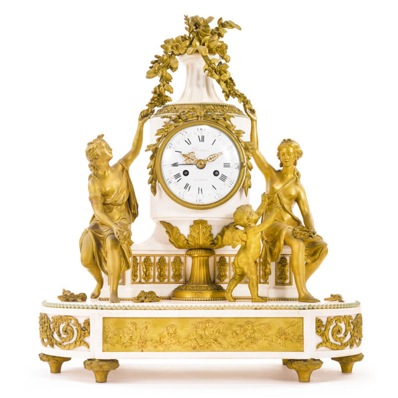 Louis XVI Style Gilt Bronze Marble Mantel Clock with Enamel Dial by Eugène Hazart