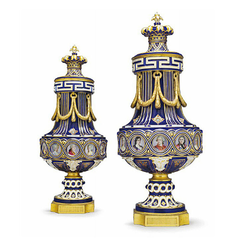 A Fine Pair of Sèvres Jeweled Cobalt-Blue Ground & Ormolu-mounted Porcelain Vases