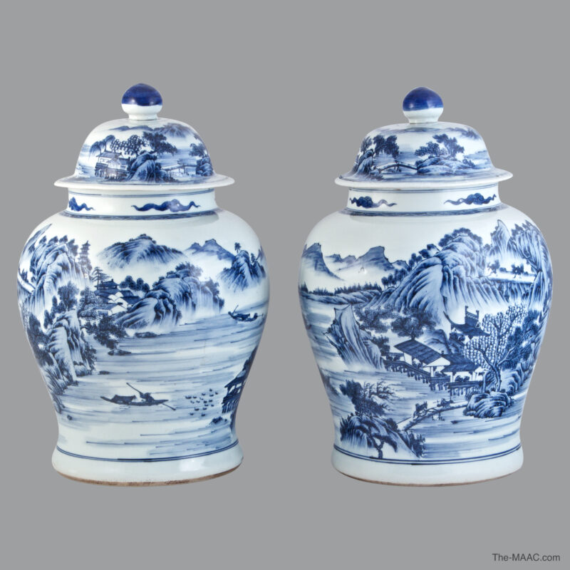 Pair of Chinese Blue and White Porcelain Jars with Lids