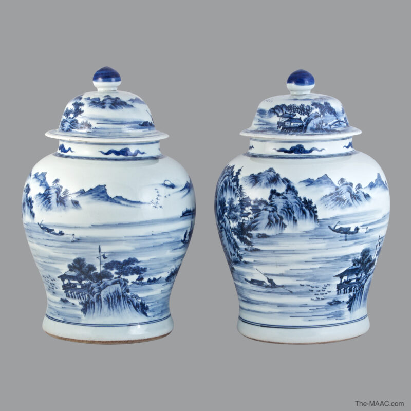 Pair of Chinese Blue and White Porcelain Jars with Lids - Image 2