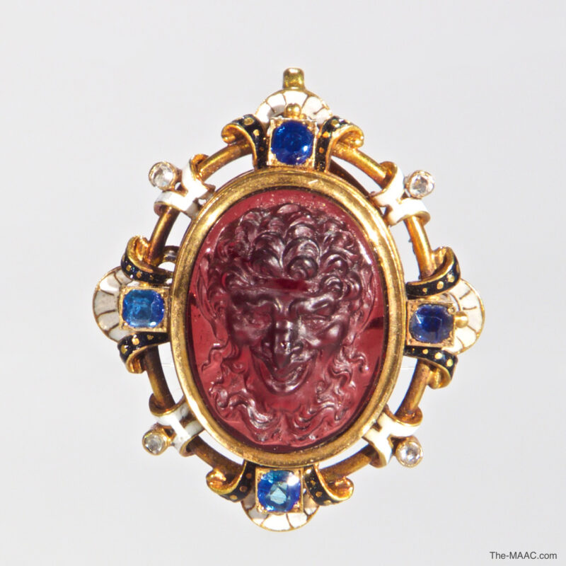 Unique Antique Garnet Cameo in Gold Enamel, Rose Diamond Sapphire Brooch Pendant in the Renaissance Taste