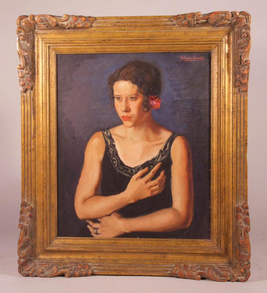 Woman with rose in her hair: An item at the MAAC Auction: Oil painting on canvas of a Spanish woman with a rose in her hair. Circa 1950s