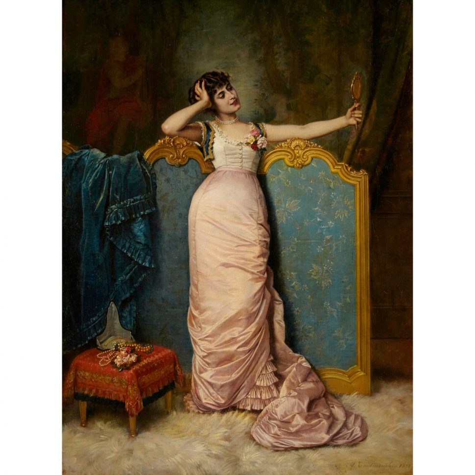 A Portrait of a Woman Admiring Herself by Auguste Toulmouche