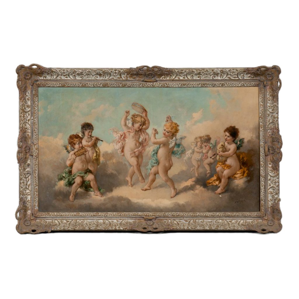 Painting of Cherubs Dancing and Playing Instruments by Charles Augustus Henry Lutyens. Oil on Canvas. Late 19th/early 20th century.