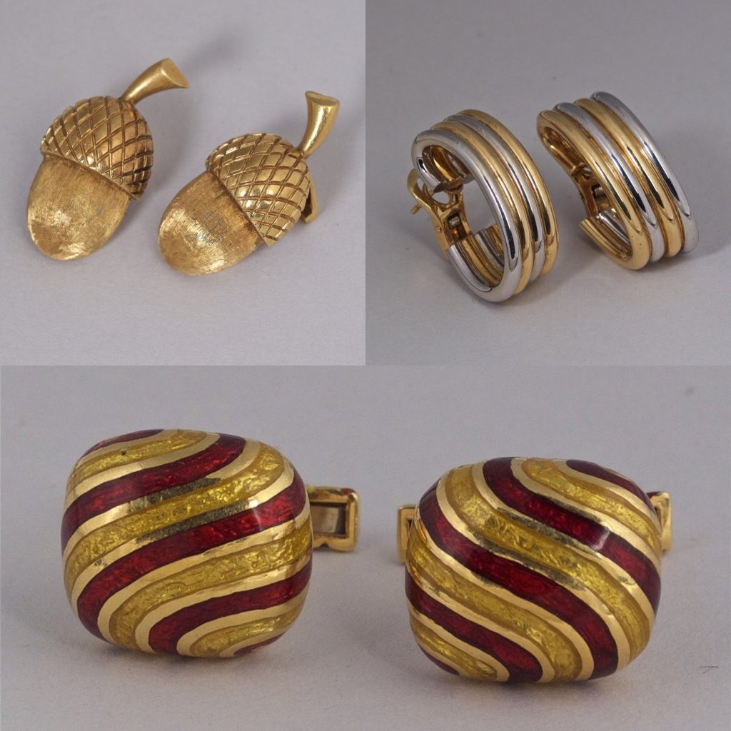 Tiffany Acorn Earrings, Bulgari Tri Color Gold Hoops and Webb Signed Gold Cuff Links - - at the auction - The Manhattan Art & Antiques Center