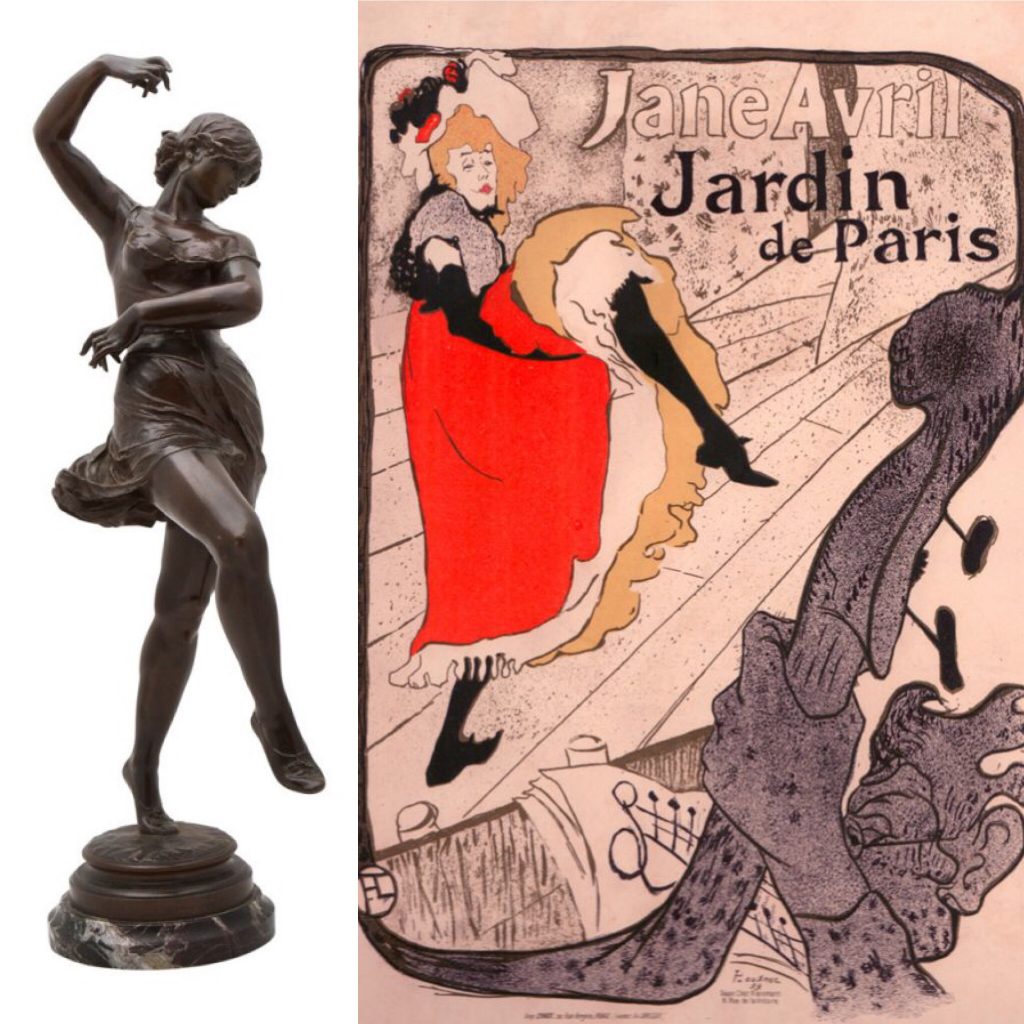 "Patinated Bronze Statue of Dancer" [Hadassa Antiques] (Right): "Jane Avril" by Henri De. Toulouse-lautrec [Manhattan Rare Book Company]
