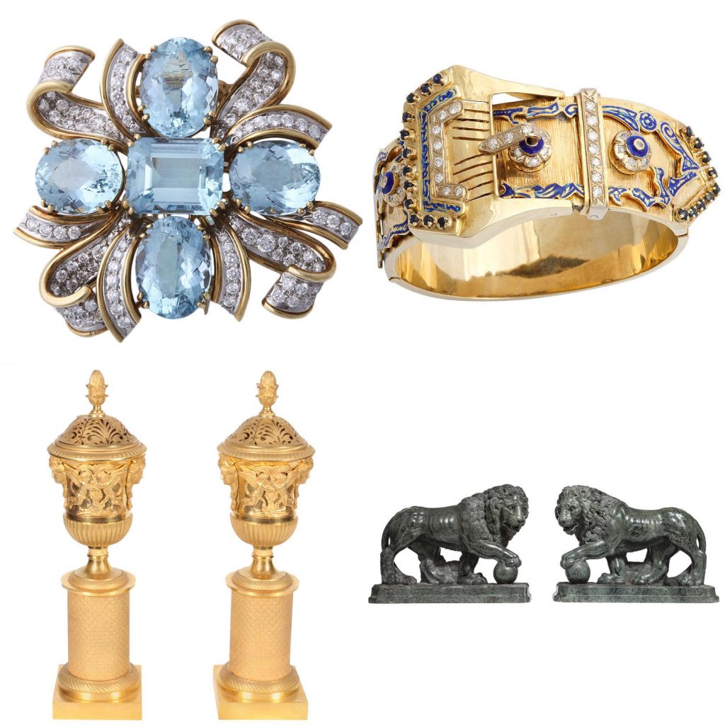 Brooch, Bangle, Marble Lions, and Bronze Cassolettes - at Alexander's Antiques - at The Manhattan Art & Antiques Center
