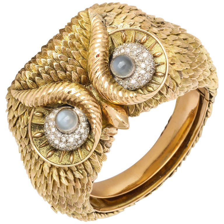 1960s Custom-Made Diamond Moonstone Gold Owl Bracelet - at Kenneth James Collection in Gallery #47 of the Manhattan Art & Antiques Center