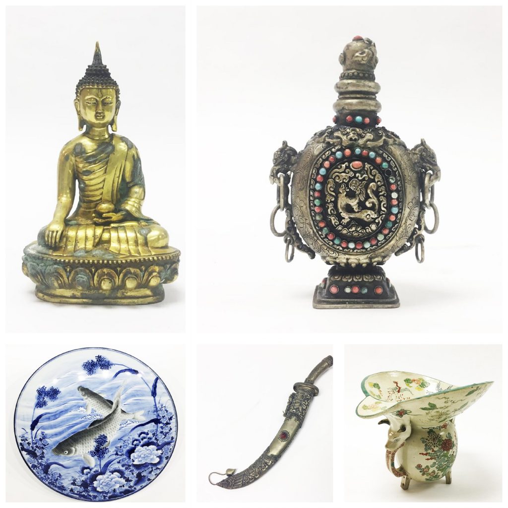 Late 19th Century Gilt Bronze Buddha, Mongolian Silver Snuff Bottle, Japanese Satsuma Vase, Mongolian Sword and Scabbard, and Japanese 19th Century Porcelain Charger - at Manhattan Art & Antiques March 2018 Auction
