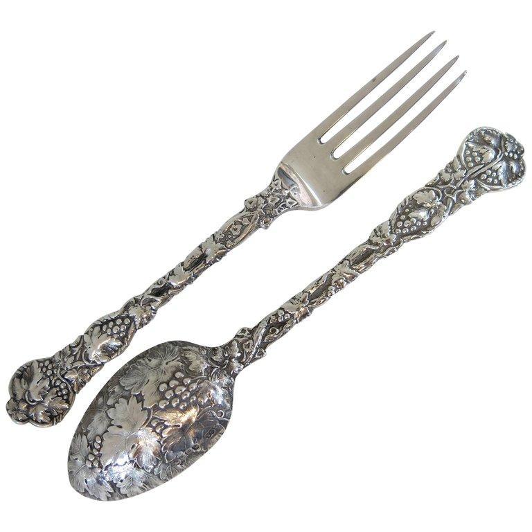 A Rare Pair Of Antique Victorian, Sterling Silver Chased Vine Spoon & Fork - at Estate Silver Co.