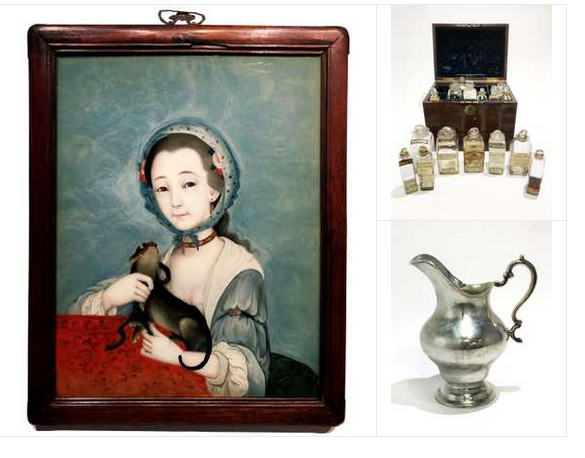 Chinese Chien Lung reverse painting on glass of a European woman with her Chinese dog; Antique English Mahogany Medicine Chest / Apothecary; A Gorham Monogrammed Sterling Silver Pitcher - at MAAC Auction – June 12th 2018 - Manhattan Art & Antiques Center