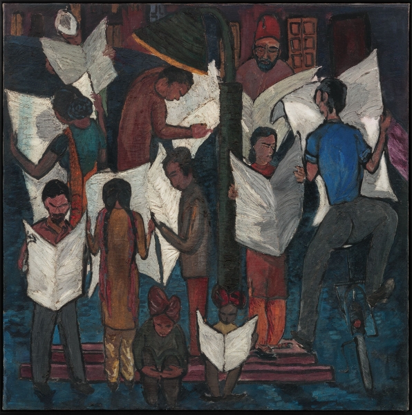 Krishen Khanna. News of Gandhiji's Death, 1948. Oil on canvas - at "The Progressive Revolution: Modern Art for a New India" - Asian Society Museum