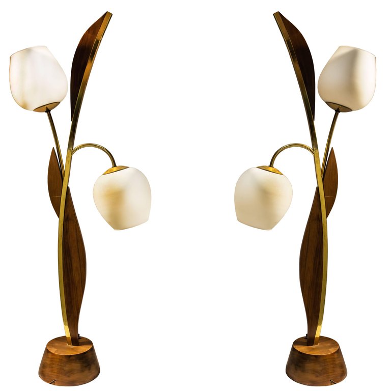 Pair of Midcentury Wood and Brass Tulip Shape Two-Light Lamps - Hadassa Antiques – at the Manhattan Art and Antiques Center 