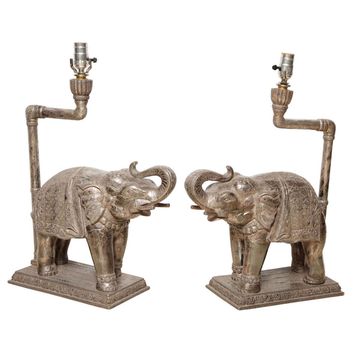 Pair of Very Unusual Indian Silver Clad Elephant Shaped Table Lamps