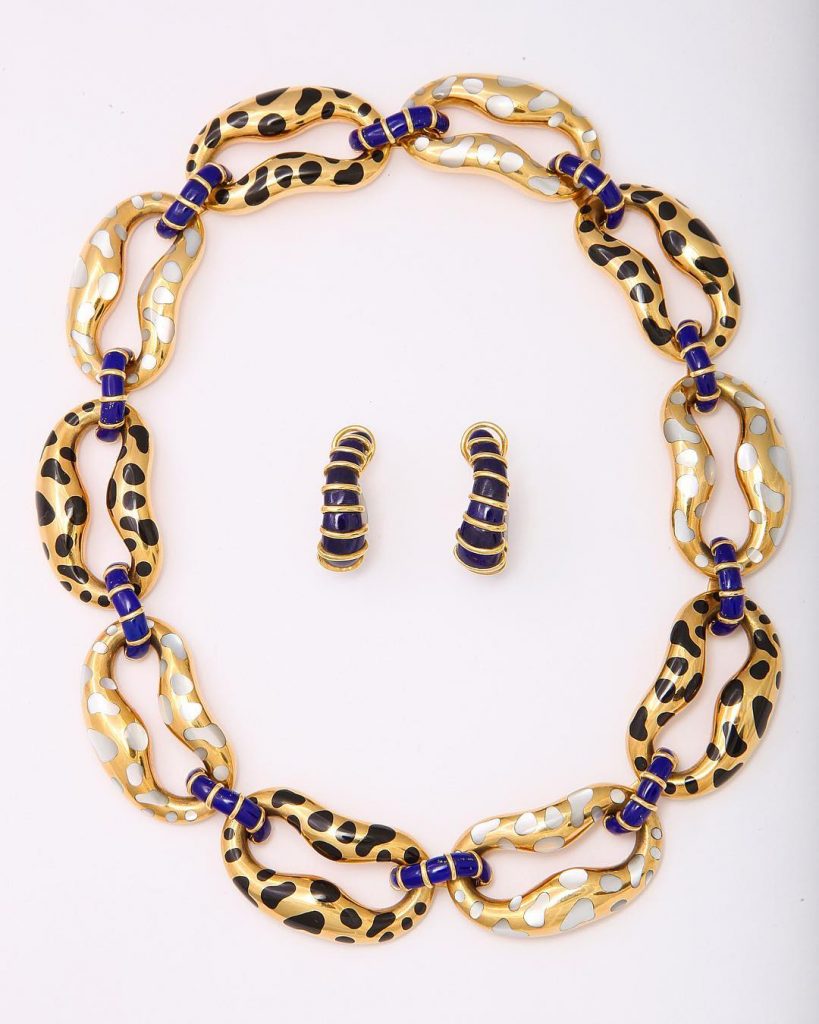 Blue and Leopard print - Vintage Tiffany & Co necklace, Angela Cummings inlay . Onyx, mother of pearl, enamel - at Kenneth James Collection - at Manhattan Art & Antiques Center 