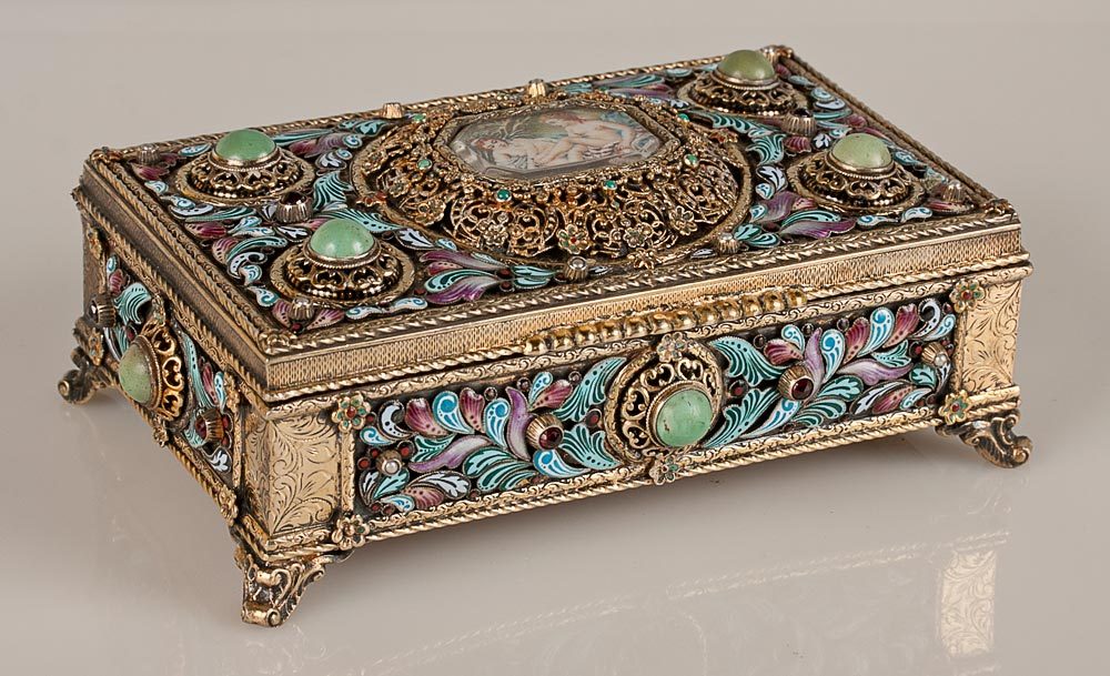  Eastern European silver-gilt and enamel music box - At Sakai Antiques – at The Manhattan Art & Antiques Center 