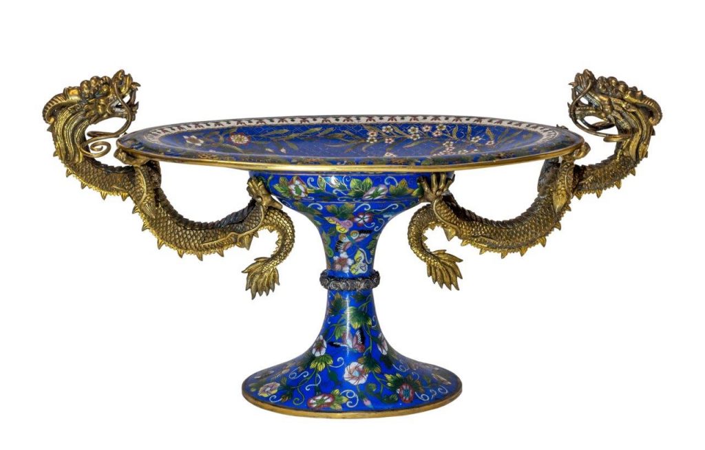  Very fine gilt-bronze and cloissone enamel Chinese centerpiece with dragon handles - At Sakai Antiques – at The Manhattan Art & Antiques Center 