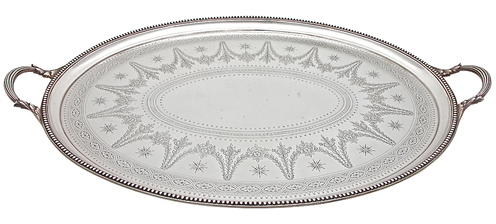 Antique Victorian, Sterling Silver Hand Engraved Tray. Made By Elkington. 1866 - at Estate Silver Co. at The Manhattan Art & Antiques Center
