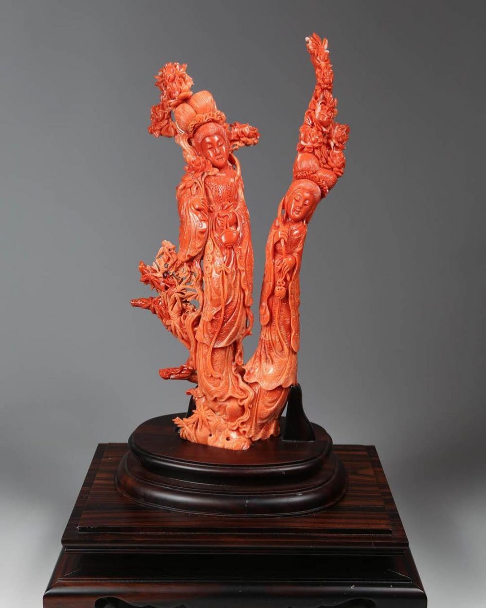 A Chinese Carved Coral Group of Female Immortals - at Solomon Antiques