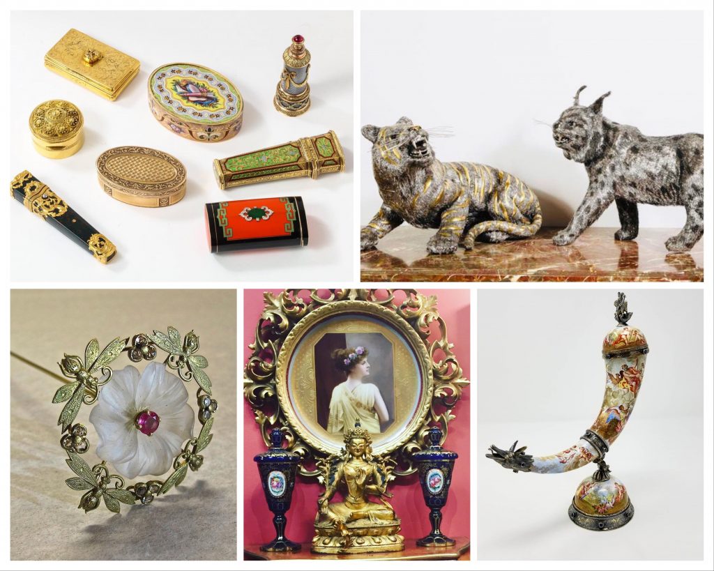 Antique Gold Boxes, European Circa 1900 Candlesticks, 19th Century Viennese Miniature Covered Silver and Enameled Horn, Buddha, Frame & Vases, Hatpin Gem - at Manhattan Art & Antiques Center in Midtown, NYC