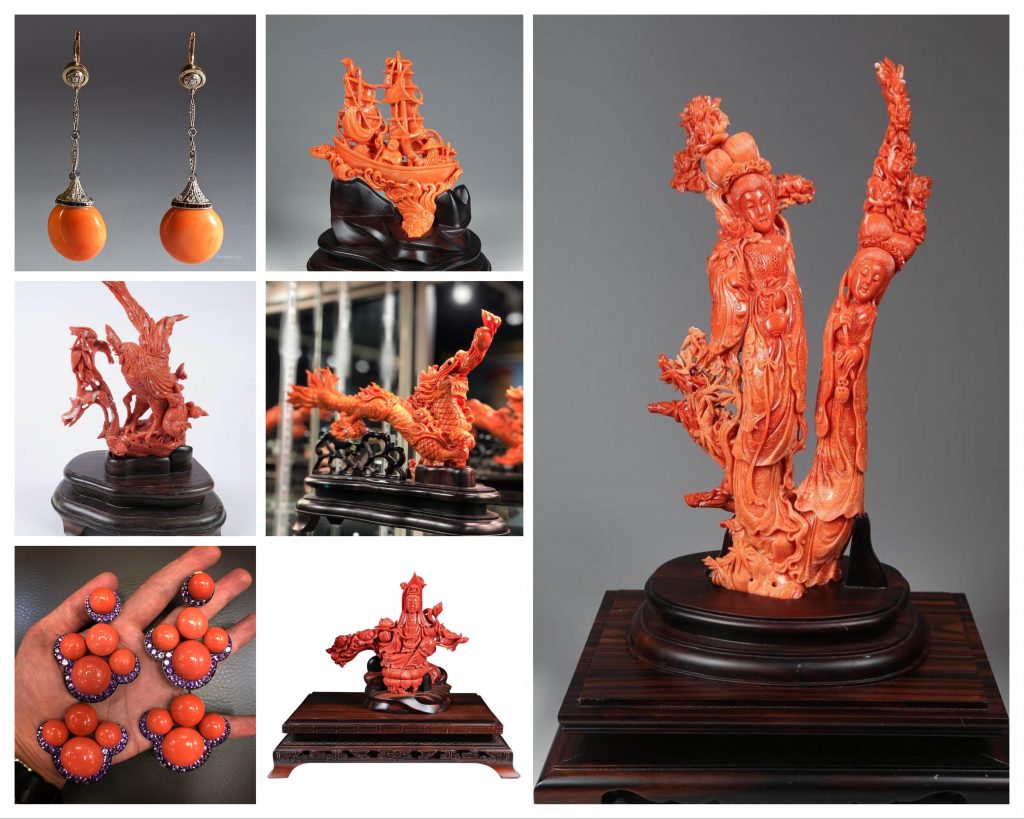  Chinese Carved Coral items (Boat, Female Immortals, Rooster, Dragon) at Solomon Treasure – Gem, Coral, and Diamond Earrings at Bob Sailing, JAR Coral and Amethyst Earrings at Joseph Saidian & Sons – all at the Manhattan Art & Antiques Center