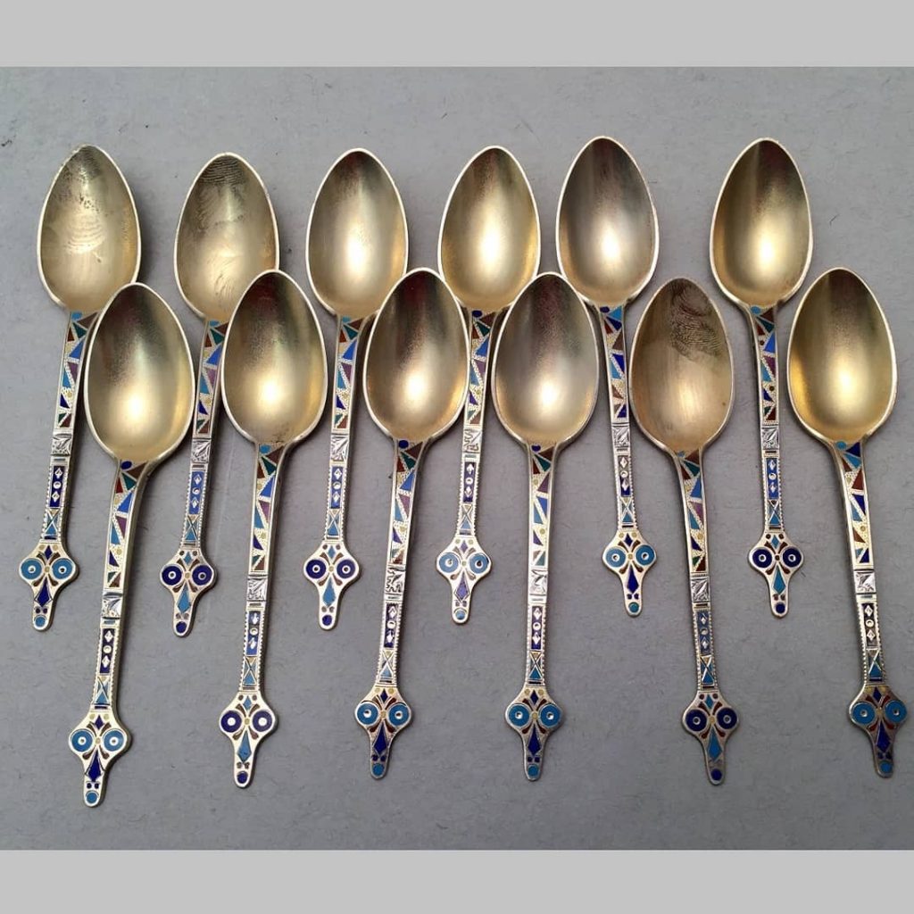 Gorham Gilt Spoons. With unique colorful patterns on handle. [ AAA Silver/Nathan Horowitz Antiques | Gallery #91 - The Manhattan Art & Antiques Center in Midtown Manhattan