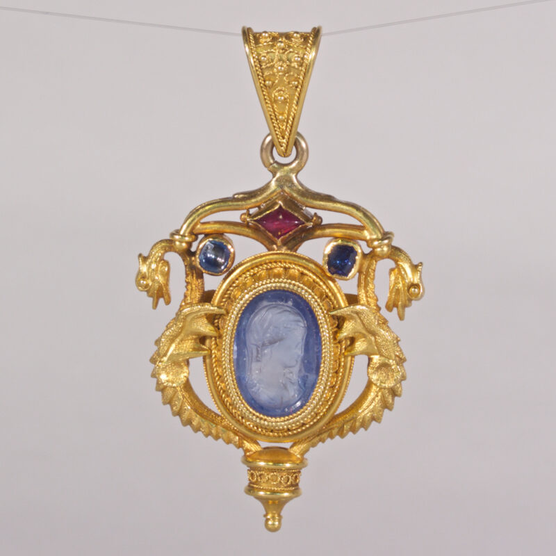 Exceptional Gold and Sapphire Cameo Etruscan Revival Pendant