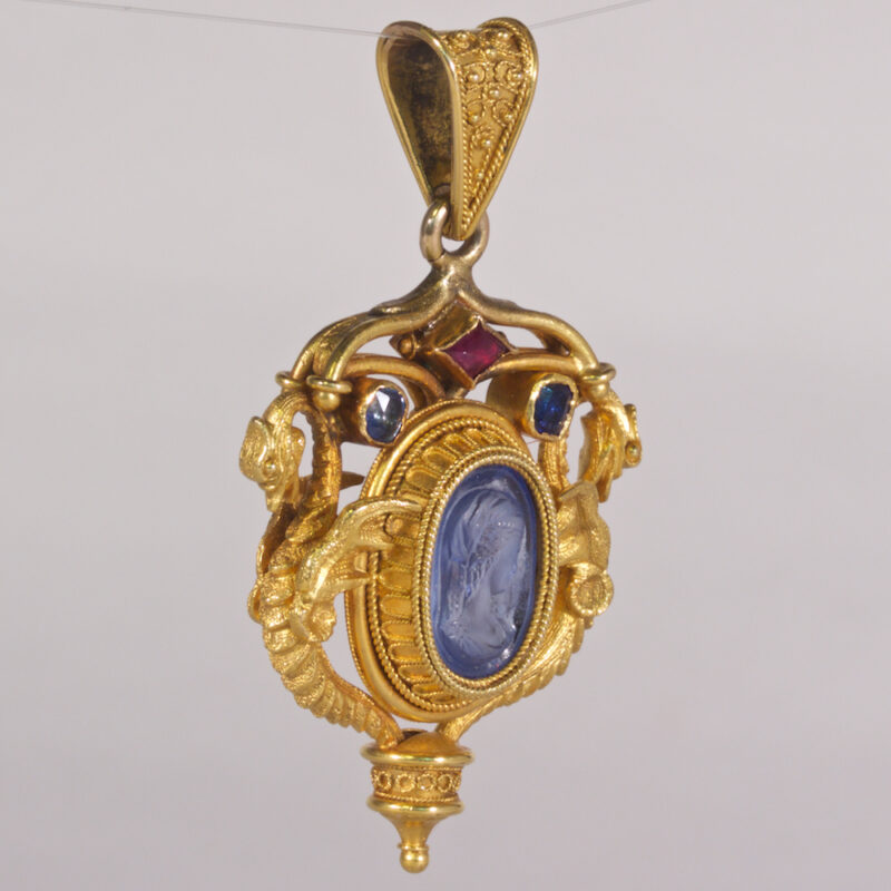 Exceptional Gold and Sapphire Cameo Etruscan Revival Pendant - Image 2