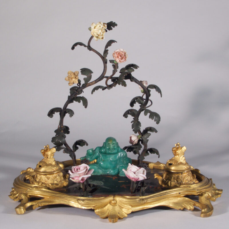 A Finely Cast Gilt-Bronze and Porcelain Inkwell