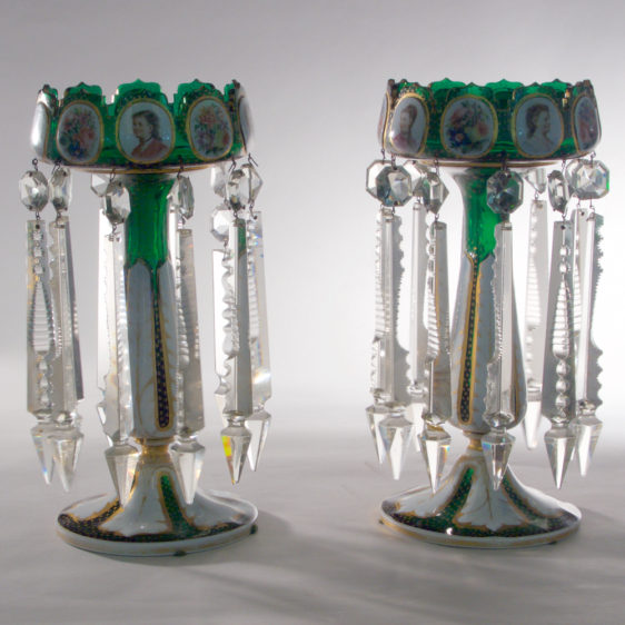 green and clear standing chandeliers