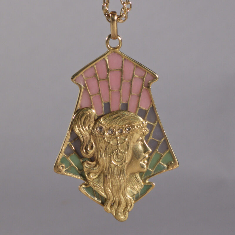 French Art Nouveau Plique a Jour, Diamond, and Gold Pendant of Lady's Head
