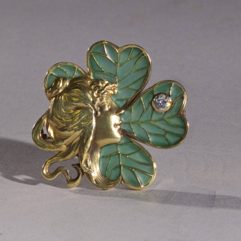 French Art Nouveau Plique a Jour and Diamond Brooch