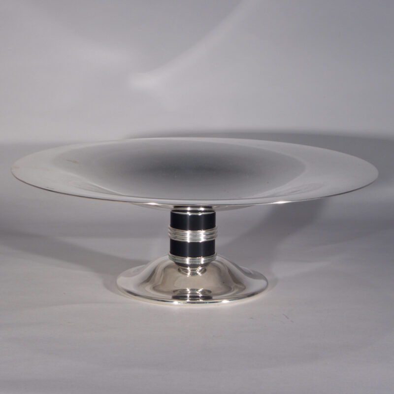 silver platter with black stem