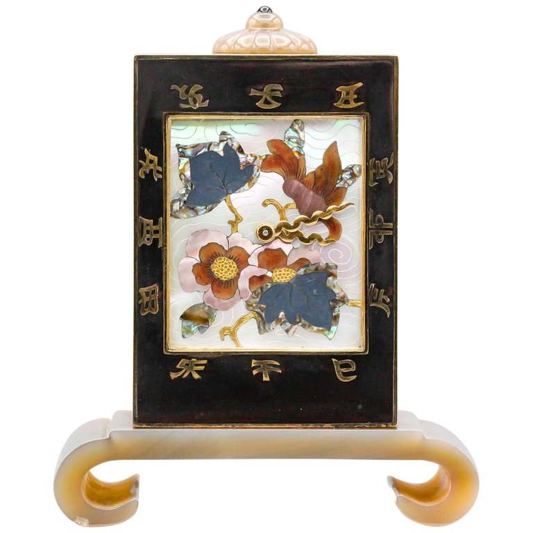 Linzeler Marchak Art Deco Inlaid Gold and Agate Clock - at Botier in Gallery #15 - at Manhattan Art and Antiques Center