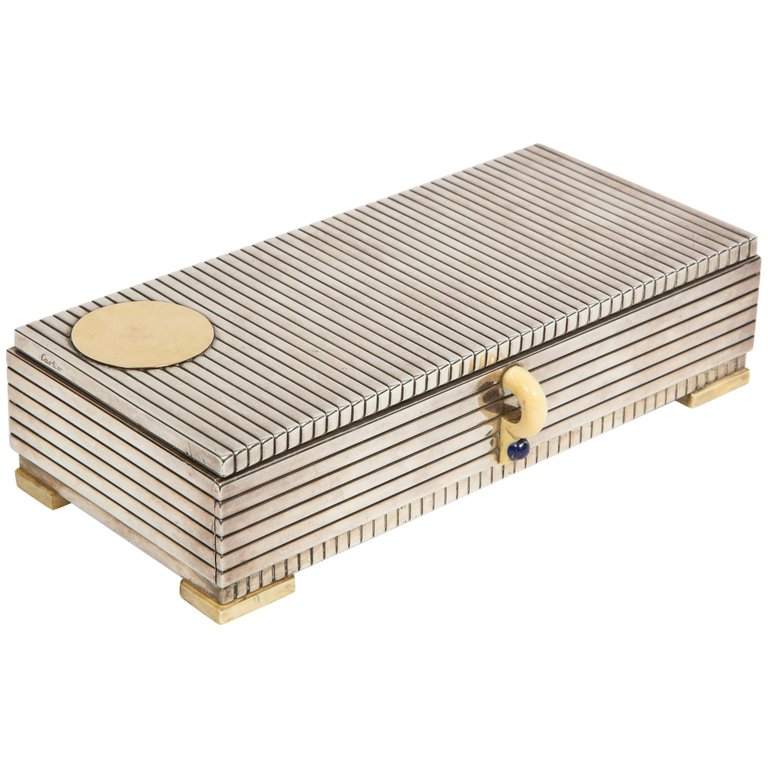 French Art Deco Sterling Silver, Gold & Lapis Smoking Box - at Solomon Treasure