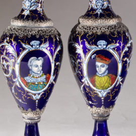 two blue and black vases