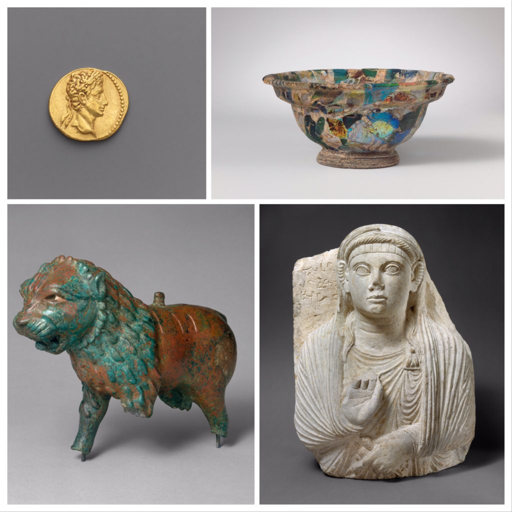 Ancient Middle Eastern Coin, Mosiac Glass Bowl, Lion Scupture, and Funerary Relief - at The Met Exhibit