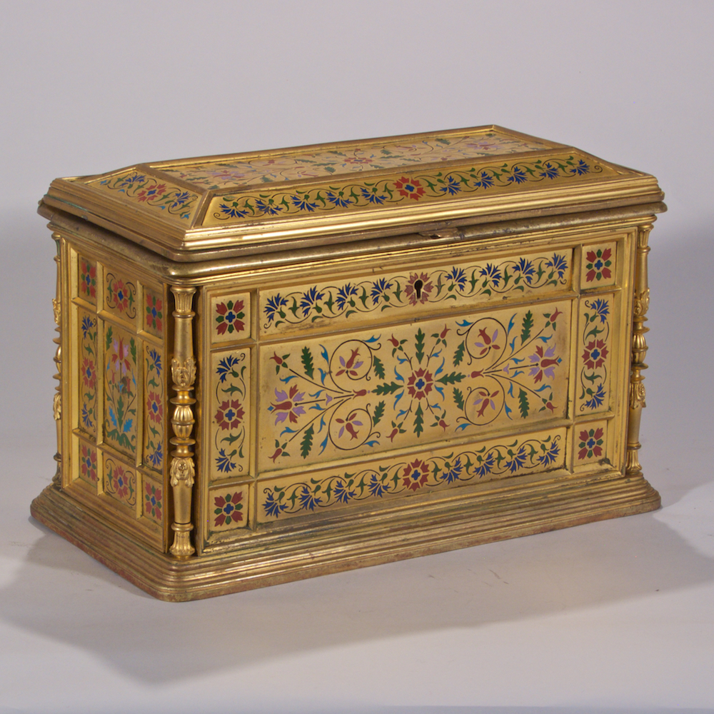 Gold colored jewelry casket with flower design. Bronze and enamel.