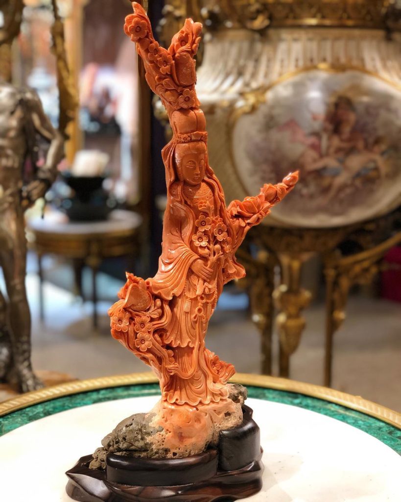 Chinese Coral Statue of Woman with Flowers in a Gallery (Solomon Treasure in Manhattan) 