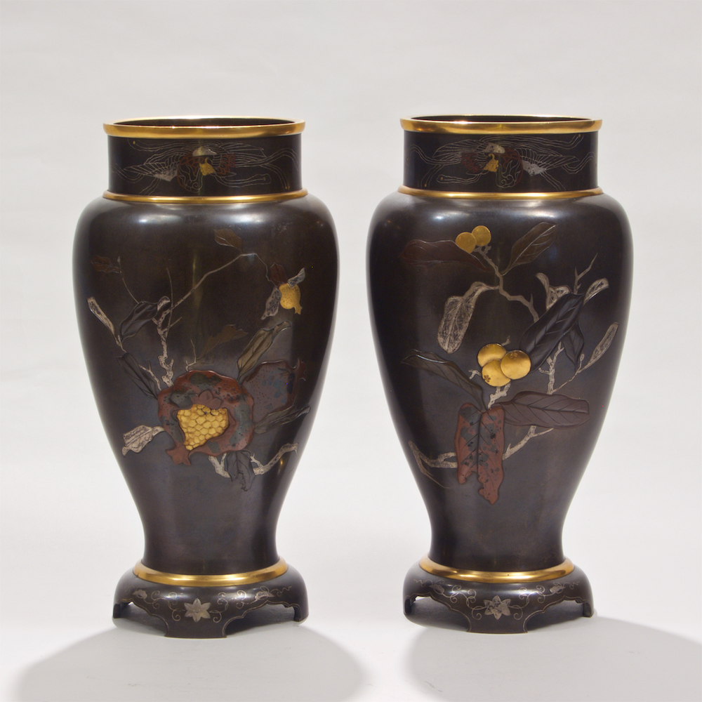 Two Bronze and Gold Japanese Meiji Vases with Flower Designs 