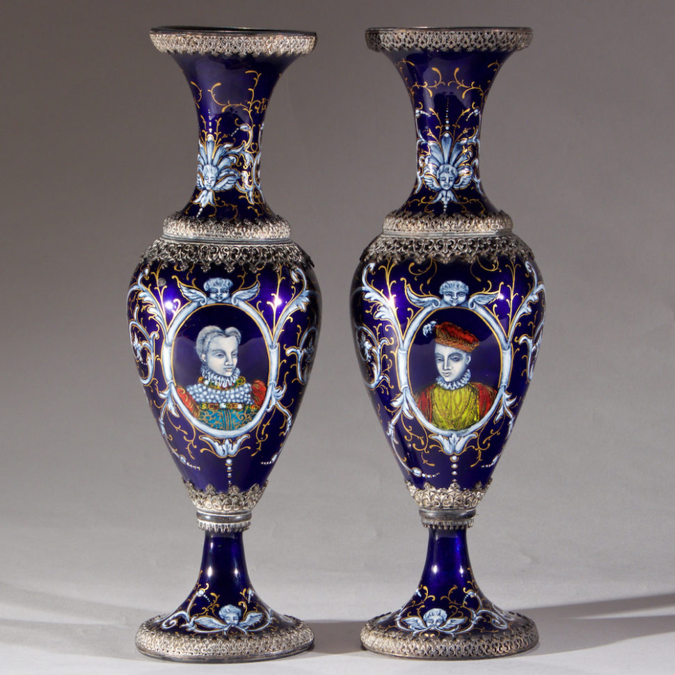 Pair of Elaborate Viennese Silvered Enamel Portrait Vases - FandP