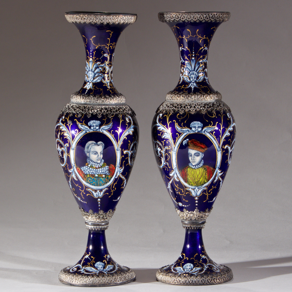  Viennese Silvered Enamel Portrait Vases - Austrian 19th century - at F & P Associates - Manhattan Art & Antiques Center
