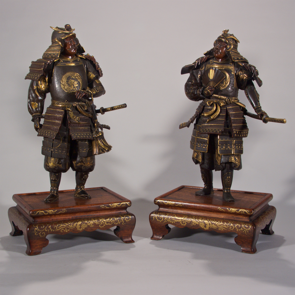 Two bronze and wood figures of Samurai Warriors with armour and swords