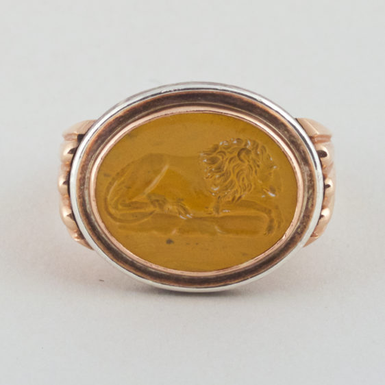 17th Century Coin Yellow Jasper Intaglio in Gold and Silver Ring Mounting