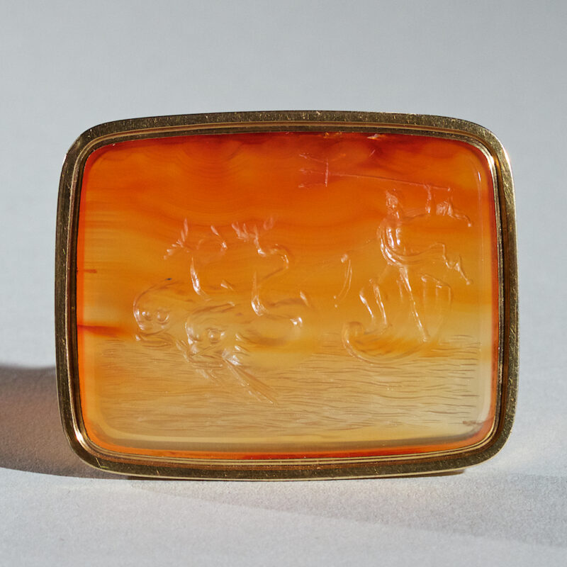 Superb Neoclassical Intaglio Brooch of Poseidon on Shell Being Led by Two Dolphins