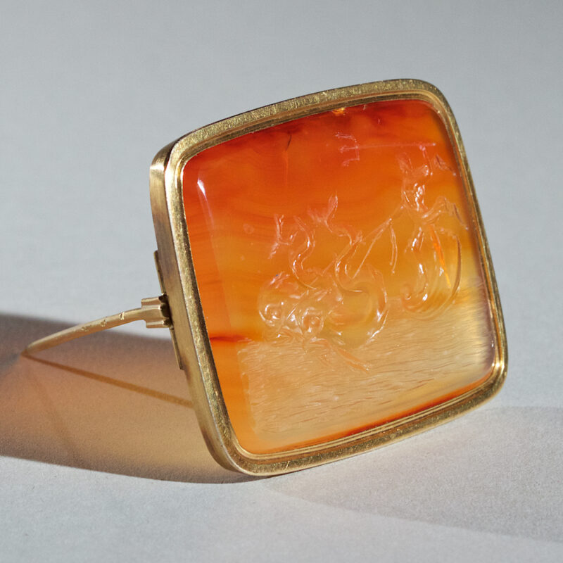Superb Neoclassical Intaglio Brooch of Poseidon on Shell Being Led by Two Dolphins