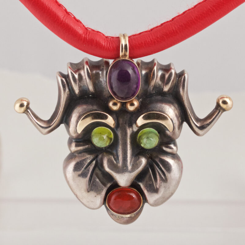 Silver and Gold Amusing Gem Set Head Brooch/Pendent by F.J. Cooper