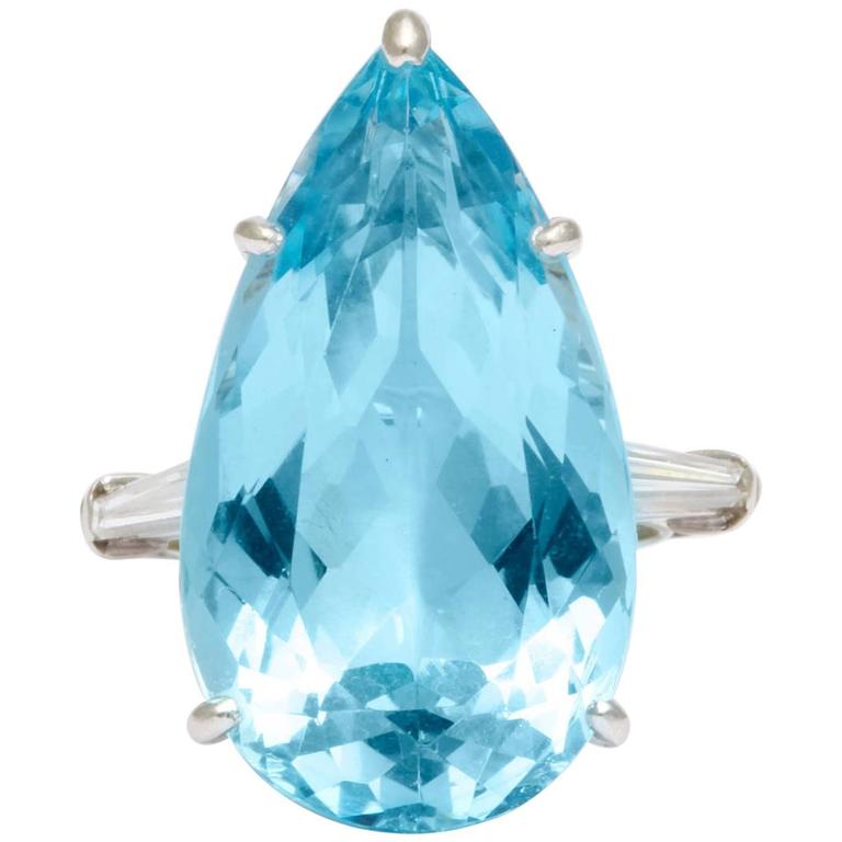 Pear Shaped Aquamarine Diamond Platinum Ring 